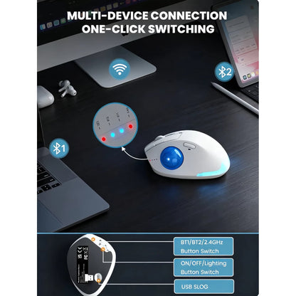 Ergonomic Wireless Trackball Mouse, Adjustable Angle, Thumb Control, Quiet Click, Rechargeable, Multi-Device Bluetooth & USB, for Windows Mac-White Ball