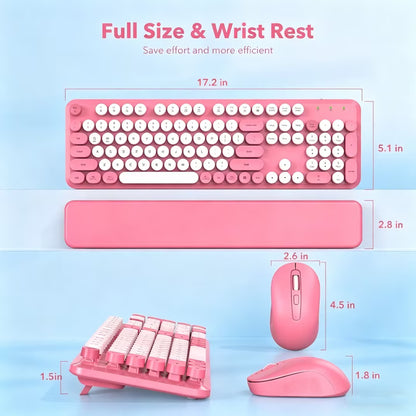 Wireless Keyboard and Mouse Combo, Retro Round Keycaps, Full Size with Detachable Wrist Rest, 2.4G for PC Mac Windows, Pink