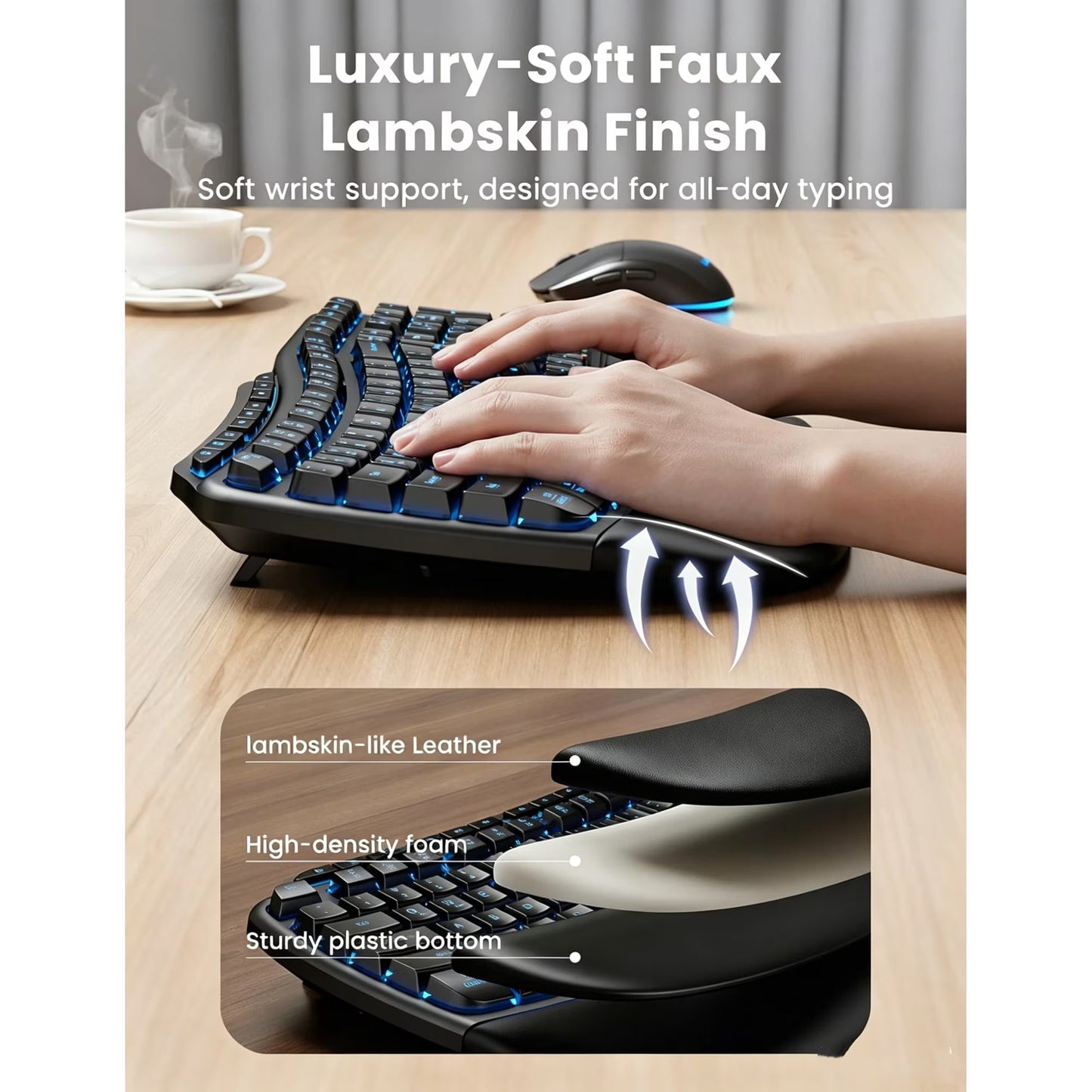 Ergonomic Wireless Keyboard and Mouse Combo, 4000mAh Rechargeable Backlit Keyboard with Lambskin Wrist Rest, Wave Keys, 10M Keystroke, USB-A/C Plug & Play for Windows Mac Chrome OS