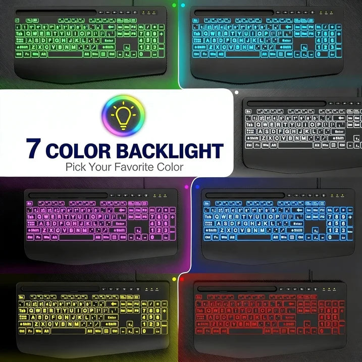 Large Print Wired Backlit Keyboard with 7-Color Backlight, Wrist Rest, Phone Holder, Oversized Keys, USB Plug & Play for PC Laptop Desktop Windows, Black