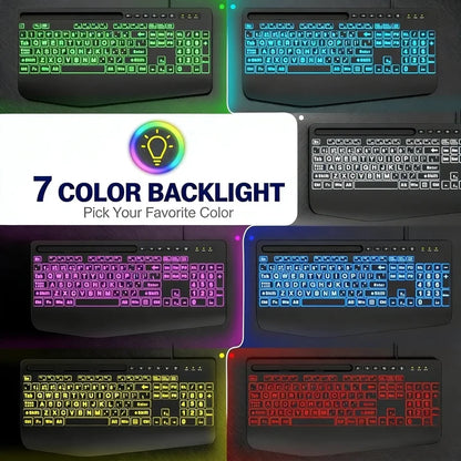 Large Print Wired Backlit Keyboard with 7-Color Backlight, Wrist Rest, Phone Holder, Oversized Keys, USB Plug & Play for PC Laptop Desktop Windows, Black