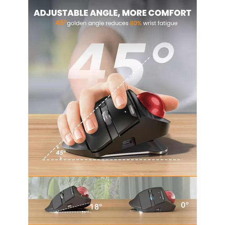 Ergonomic Wireless Trackball Mouse, Adjustable Angle, Thumb Control, Quiet Click, Rechargeable, Multi-Device Bluetooth & USB, for Windows Mac-Red Ball