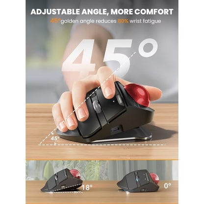Ergonomic Wireless Trackball Mouse, Adjustable Angle, Thumb Control, Quiet Click, Rechargeable, Multi-Device Bluetooth & USB, for Windows Mac-Red Ball
