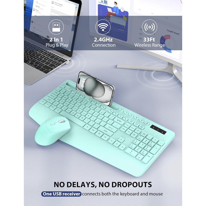 Wagpak Wireless Keyboard and Mouse Combo Wrist Rest Ergonomic Phone Holder Full-Sized Silent 2.4GHz Cordless Keyboard Mouse Set for Computer,Laptop, PC, Mac, Windows Green