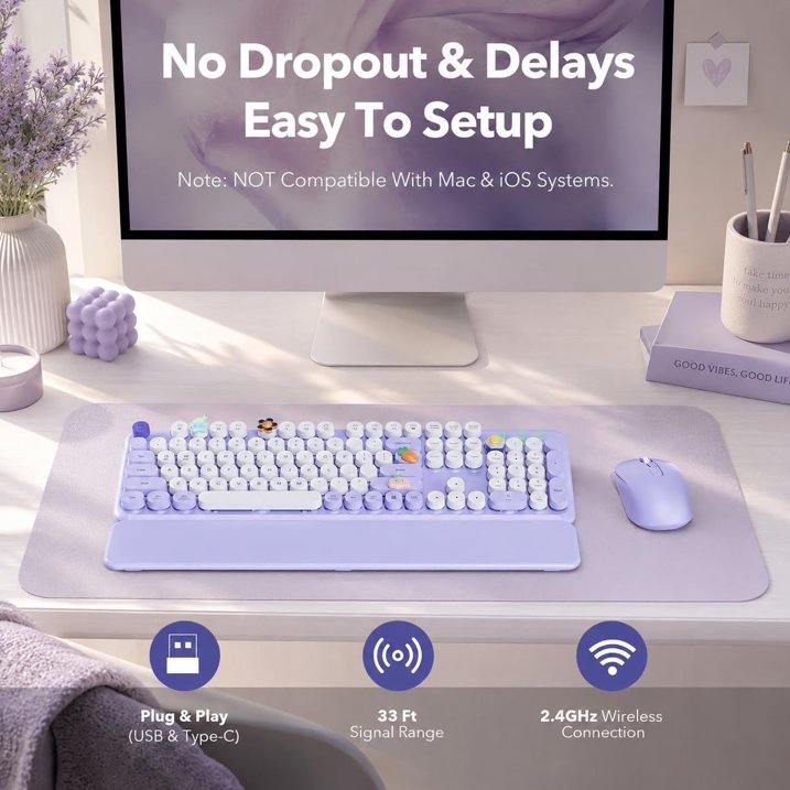Wireless Keyboard and Mouse Combo, Retro Round Keycaps, Full Size with Detachable Wrist Rest, 2.4G for PC, Lavender Purple