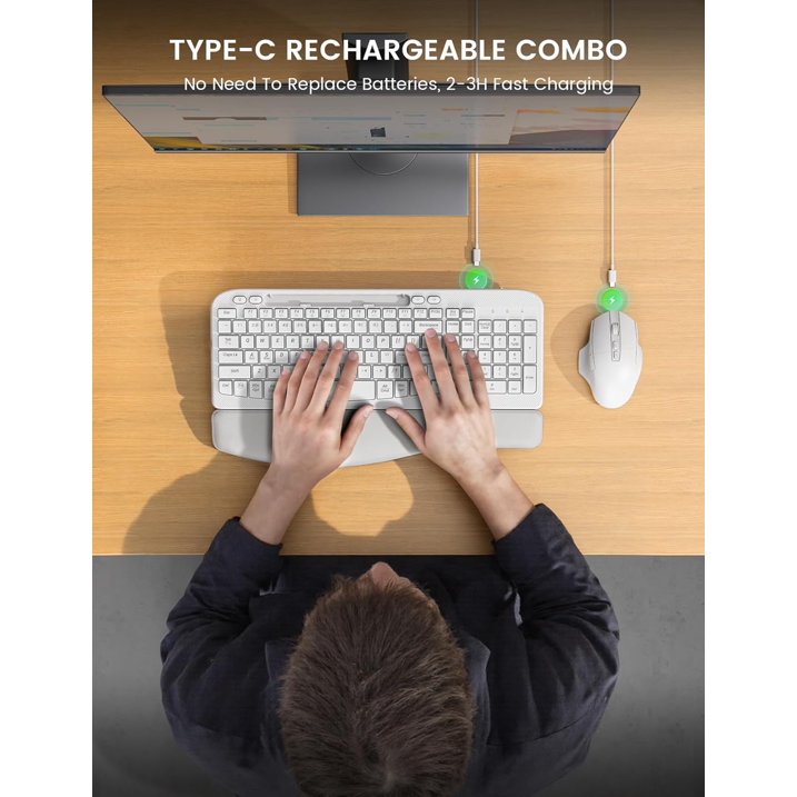 Ergonomic Wireless Keyboard & Mouse Combo - Rechargeable Type-C, Cushioned Wrist Rest, 7.28” Phone Holder, Silent Mouse, 2.4G Lag-Free for Windows/Mac,White