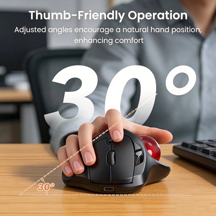 Wagpak Rechargeable Wireless Trackball Mouse with Ergonomic Thumb Control, Supports 3-device Switching (Bluetooth & USB), 5 Adjustable DPI, Relieves Wrist Fatigue