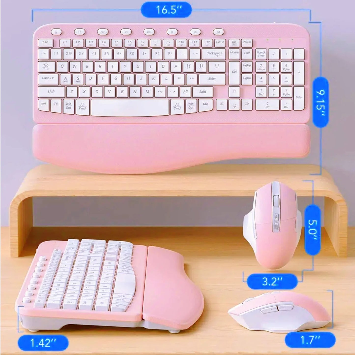 Ergonomic Wireless Keyboard and Mouse Combo, Leather Cushioned Palm Rest, Wave Keys, Silent Typing, 2.4G Lag-Free-Wagpak-Pink