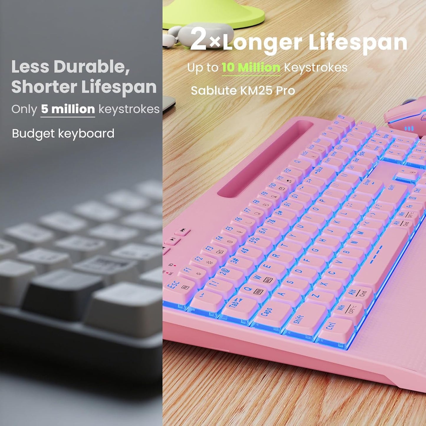 Rechargeable Backlit Wireless Keyboard and Mouse Combo, Ergonomic with Wrist Rest & Phone Holder, Silent for Windows/Mac/Chrome OS - Pink