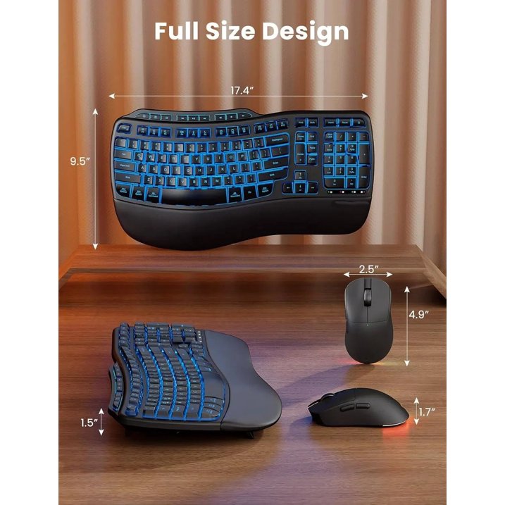 Ergonomic Wireless Keyboard and Mouse Combo, 4000mAh Rechargeable Backlit Keyboard with Lambskin Wrist Rest, Wave Keys, 10M Keystroke, USB-A/C Plug & Play for Windows Mac Chrome OS