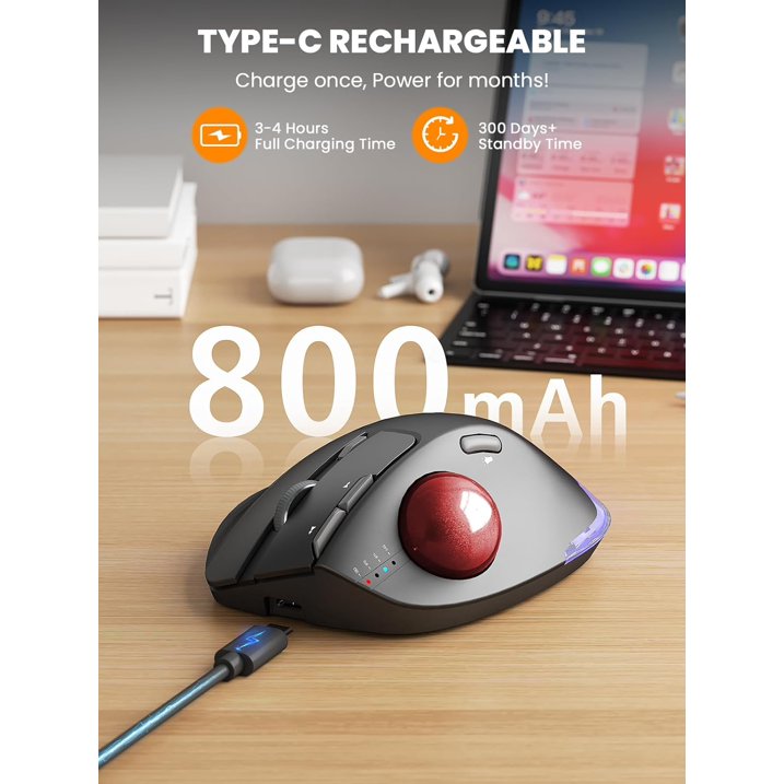 Ergonomic Wireless Trackball Mouse, Adjustable Angle, Thumb Control, Quiet Click, Rechargeable, Multi-Device Bluetooth & USB, for Windows Mac-Red Ball