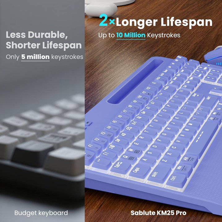 Rechargeable Backlit Wireless Keyboard and Mouse Combo, Ergonomic with Wrist Rest & Phone Holder, Silent for Windows/Mac/Chrome OS - Purple