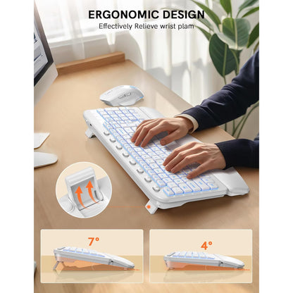 Wireless Keyboard and Mouse Combo - Ergonomic Wave Rechargeable Keyboard with Soft Leather Wrist Rest, RGB Backlit -White