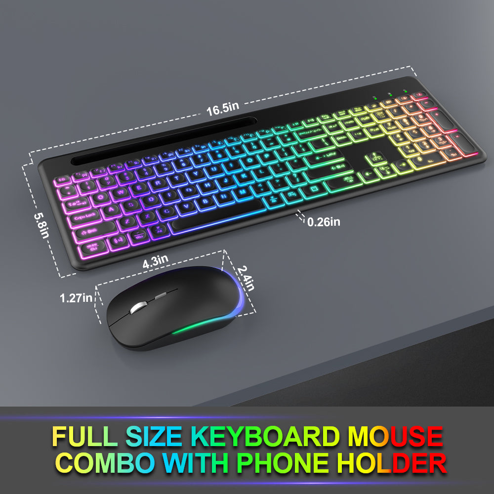 Wireless Keyboard and Mouse, 15 Backlit Effects, Slim Rechargeable Keyboard & Mouse Combo