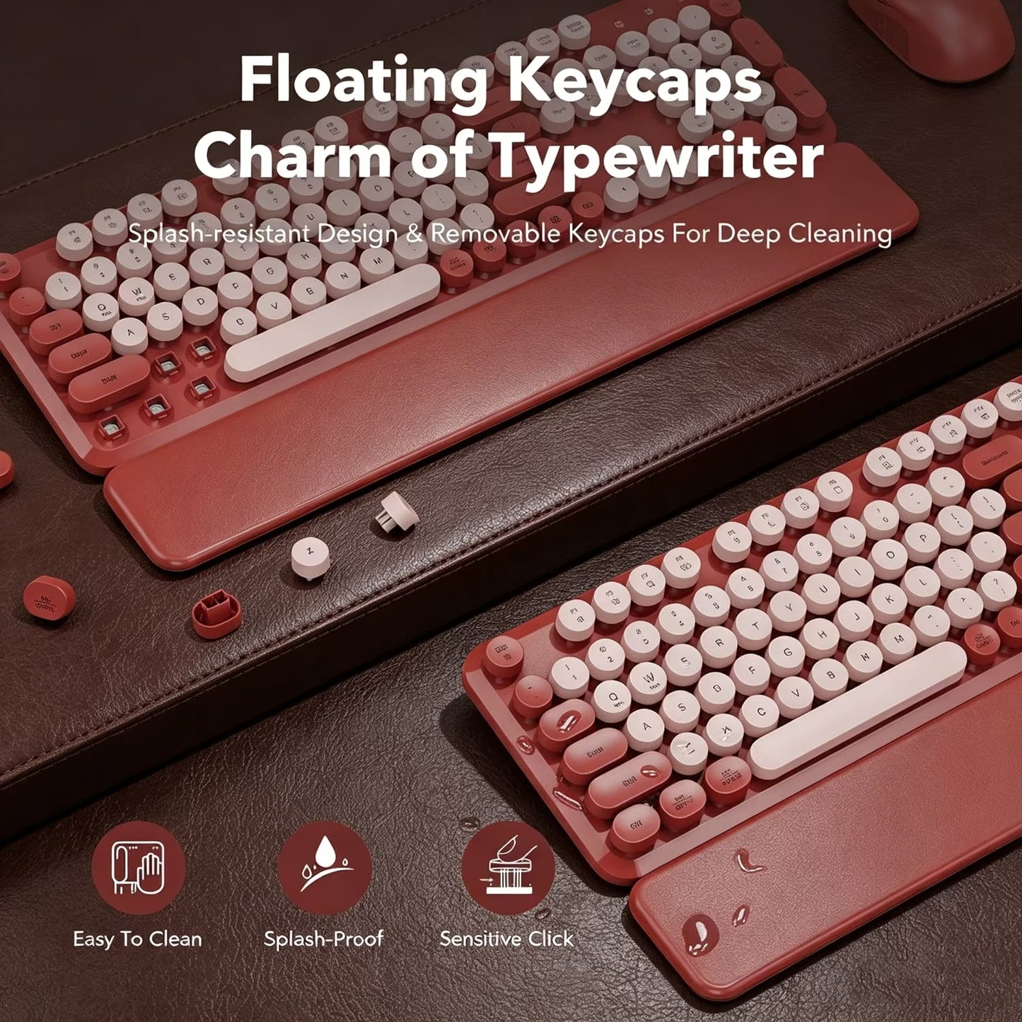 Wireless Keyboard and Mouse Combo, Retro Round Keycaps, Full Size with Detachable Wrist Rest, 2.4G for PC Mac Windows, Claret