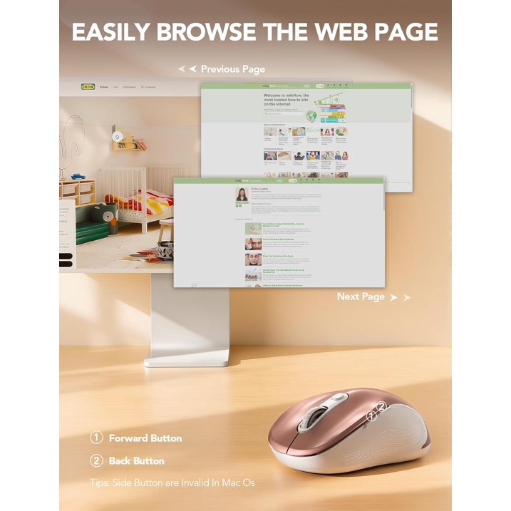 Wireless Mouse for Laptop, Ergonomic Silent Computer Mouse with USB & USB-C, 3 DPI 6 Buttons,Rose Gold