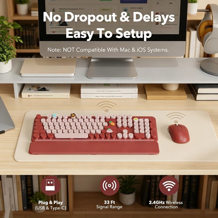 Wireless Keyboard and Mouse Combo, Retro Round Keycaps, Full Size with Detachable Wrist Rest, 2.4G for PC Mac Windows, Claret