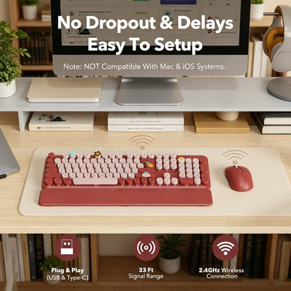Wireless Keyboard and Mouse Combo, Retro Round Keycaps, Full Size with Detachable Wrist Rest, 2.4G for PC Mac Windows, Claret