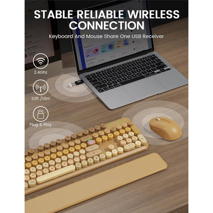 Wireless Keyboard and Mouse Combo, Retro Round Keycaps, Full Size with Detachable Wrist Rest, 2.4G for PC,Ombre Latte Beige