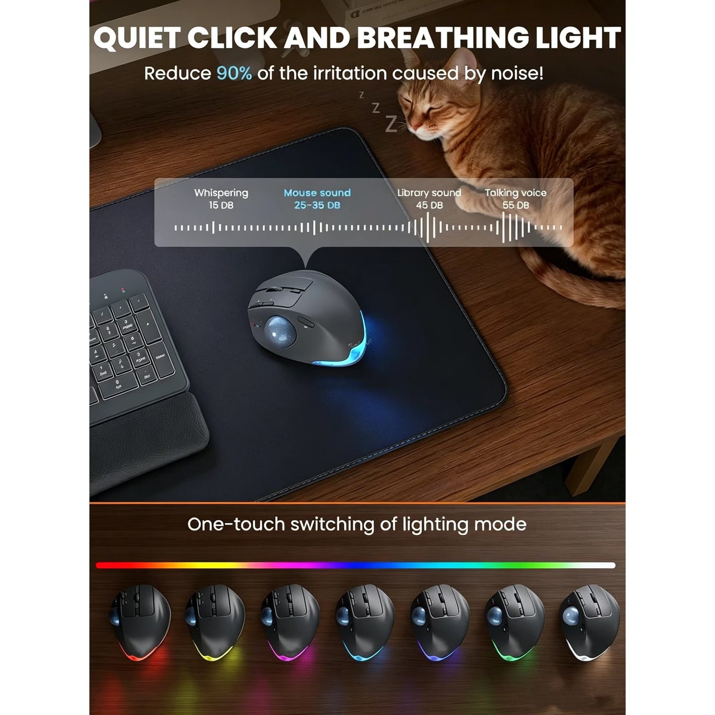 Ergonomic Wireless Trackball Mouse, Adjustable Angle, Thumb Control, Quiet Click, Rechargeable, Multi-Device Bluetooth & USB, for Windows Mac-Grey Ball