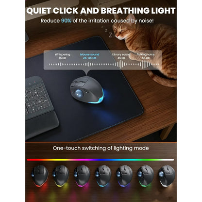 Ergonomic Wireless Trackball Mouse, Adjustable Angle, Thumb Control, Quiet Click, Rechargeable, Multi-Device Bluetooth & USB, for Windows Mac-Grey Ball