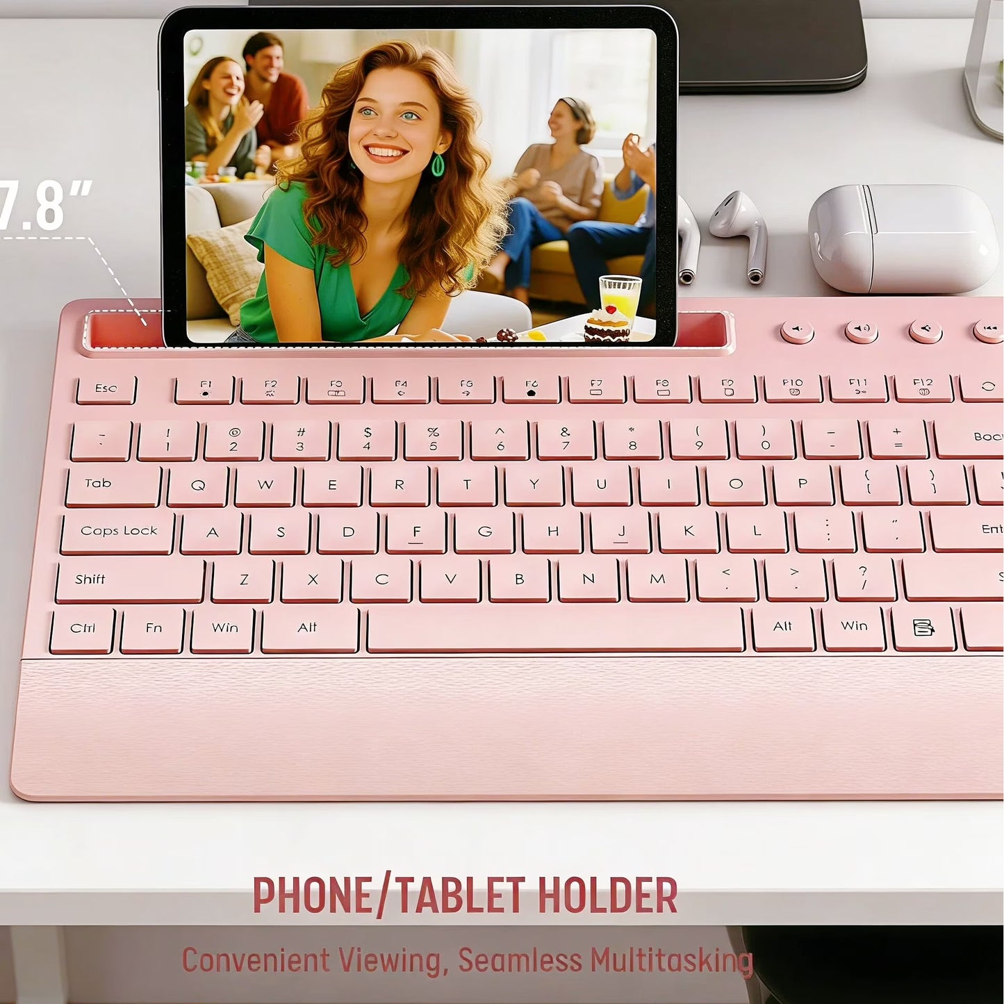 Wireless Keyboard and Mouse Combo with Full-Size Quiet, Palm Rest, Phone Holder, Multimedia Keys, Batteries Included, Compatible with Windows, PC, Laptop - Pink