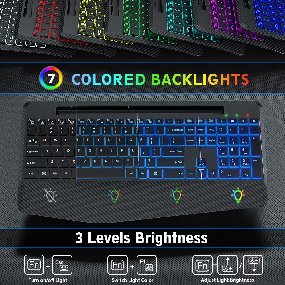 Wireless Keyboard and Mouse Backlit, Rechargeable Ergonomic Keyboard with Wrist Rest, LED Mouse, Phone Holder, Silent for Computer, Mac, PC, Laptop, Chromebook--Black