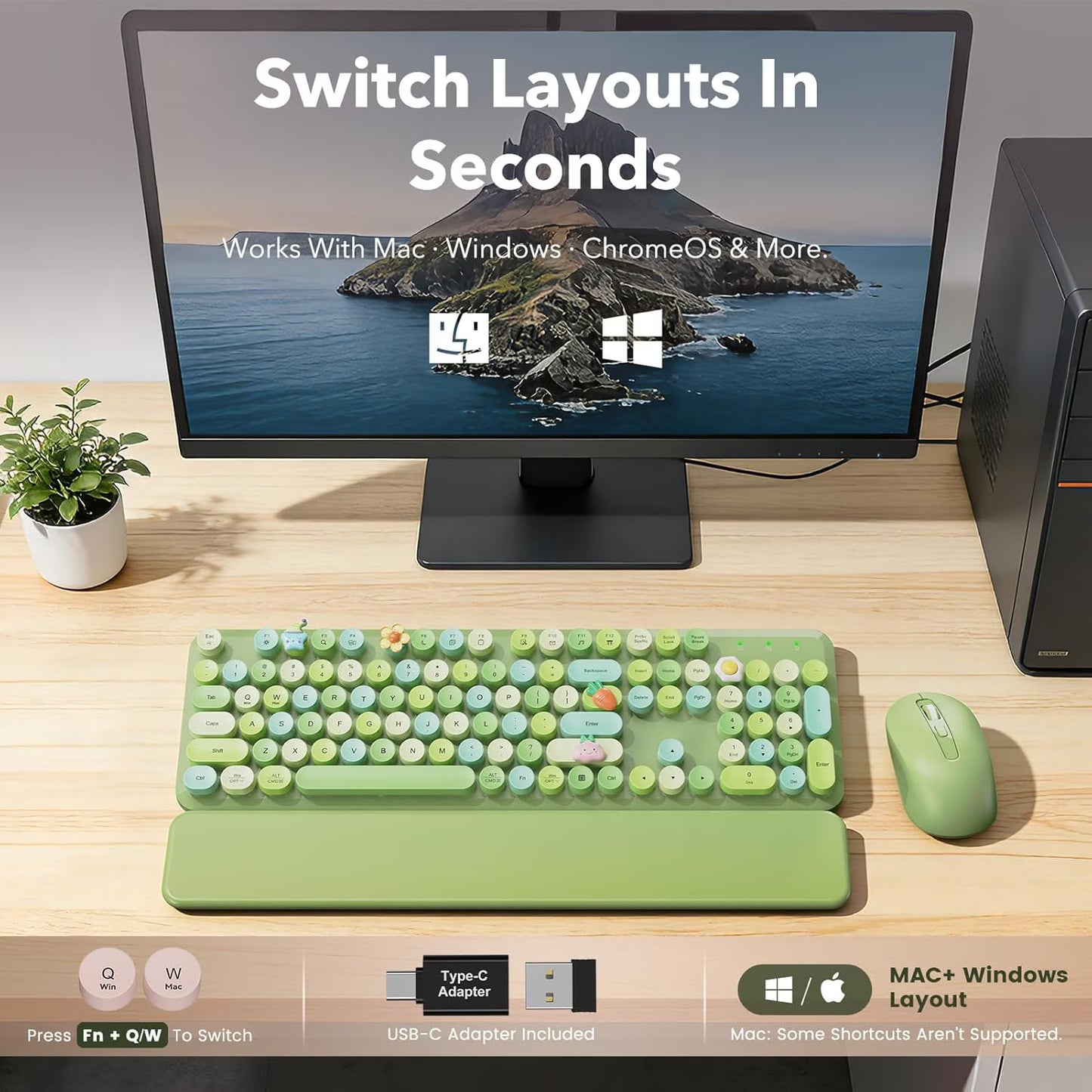 Wireless Keyboard and Mouse Combo Latte, Retro Round Keycaps, Full Size with Detachable Wrist Rest, 2.4G for PC Mac Windows