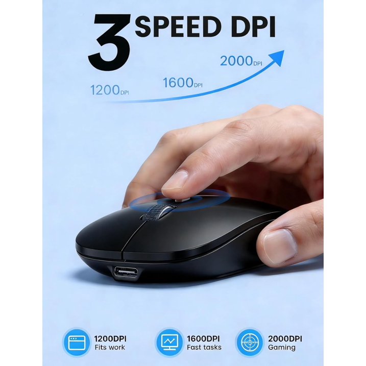 Bluetooth Wireless Mouse for MacBook, iPad, Laptop, Tri-Mode Rechargeable Silent Slim Computer Mouse for 3 Devices with USB & USB-C,Black