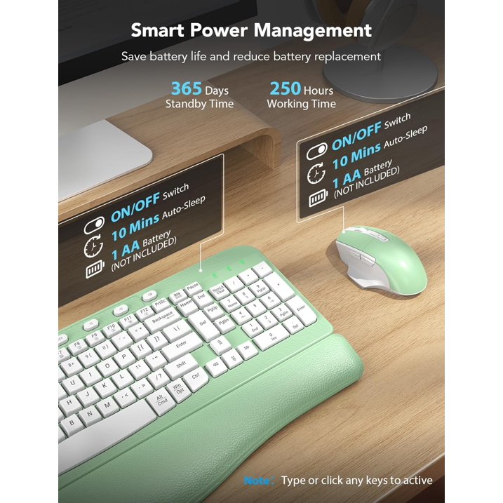 Ergonomic Wireless Keyboard and Mouse Combo, Leather Cushioned Palm Rest, Wave Keys, Silent Typing, 2.4G Lag-Free-Green