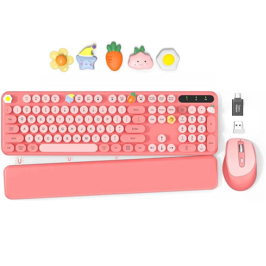 Wagpak Blush Pink Wireless Keyboard Mouse Combo - Retro Typewriter Design, Detachable Wrist Rest, 2.4G Wireless for Women, PC/Laptop/Windows